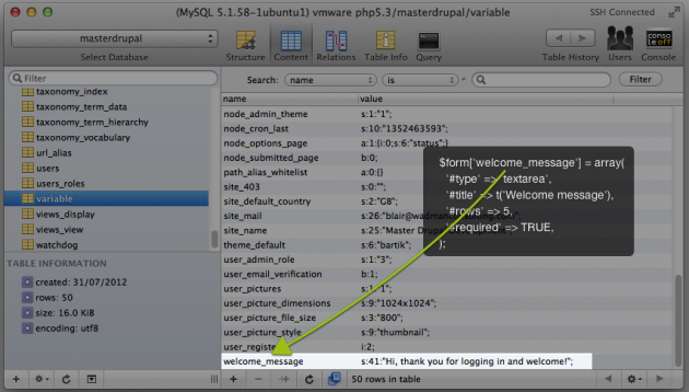 The Drupal variable table with the welcome message